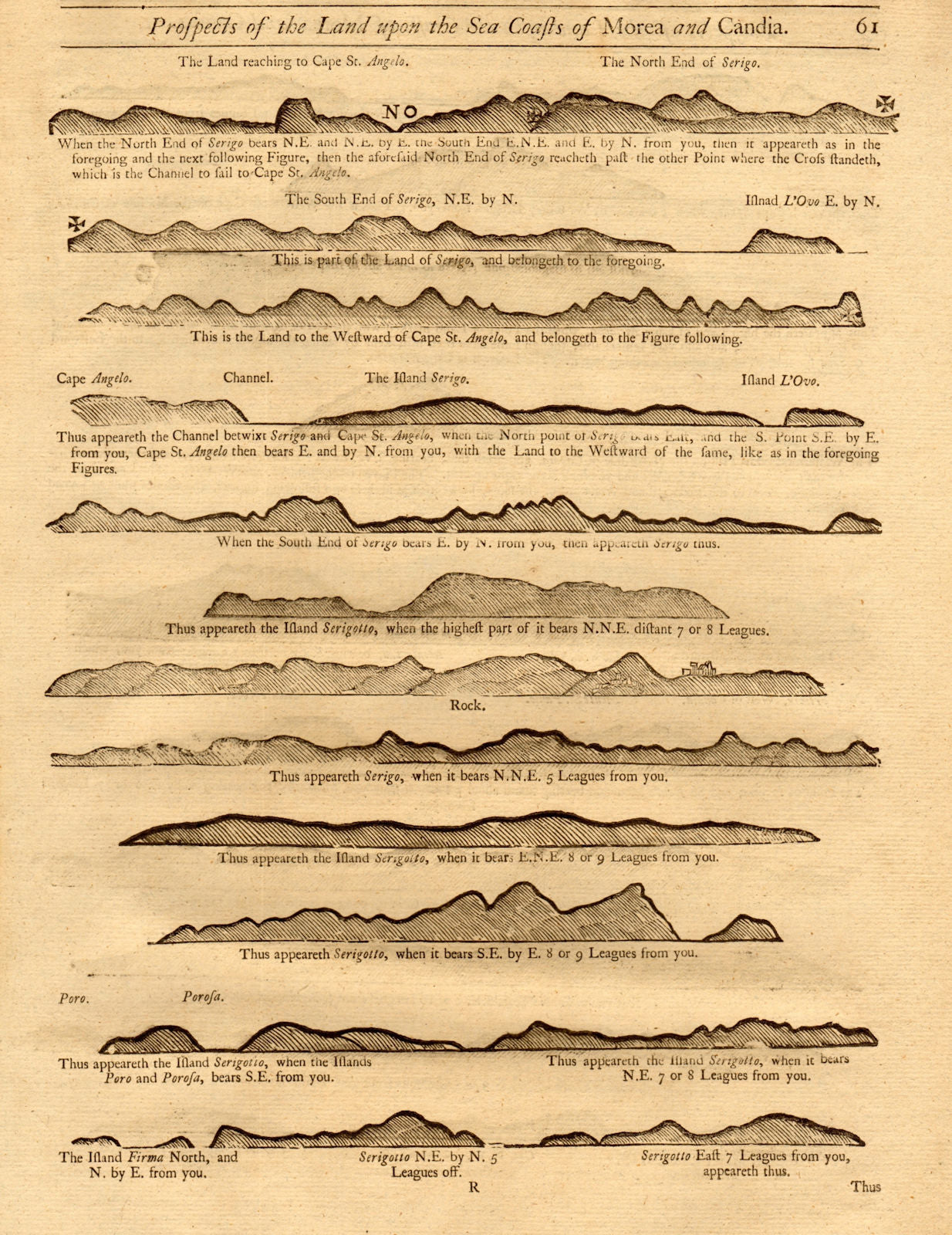 Greece coast profile Cape Maleas Kythira Avgo Poros. MOUNT & PAGE 1747 old map